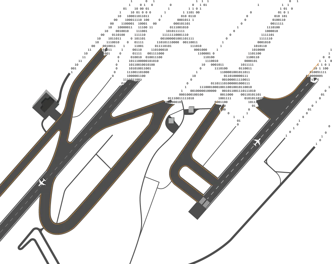 Illustration of an airport from above where runways gradually turn to ones and zeros