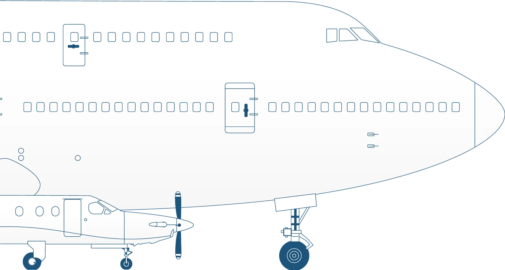 An illustration depicting a Boeing 747 and a Pilatus PC-12 aircraft from the side, showing their size difference