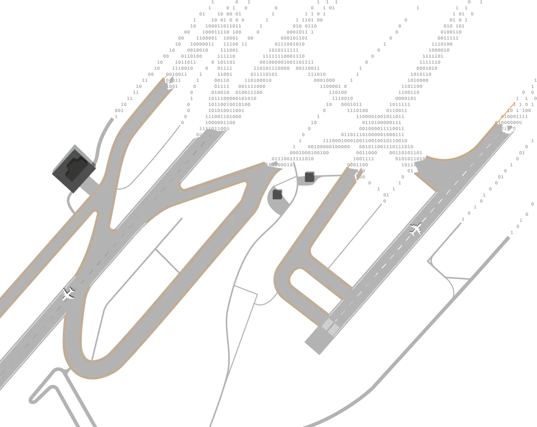 Illustration of an airport from above where runways gradually turn to ones and zeros