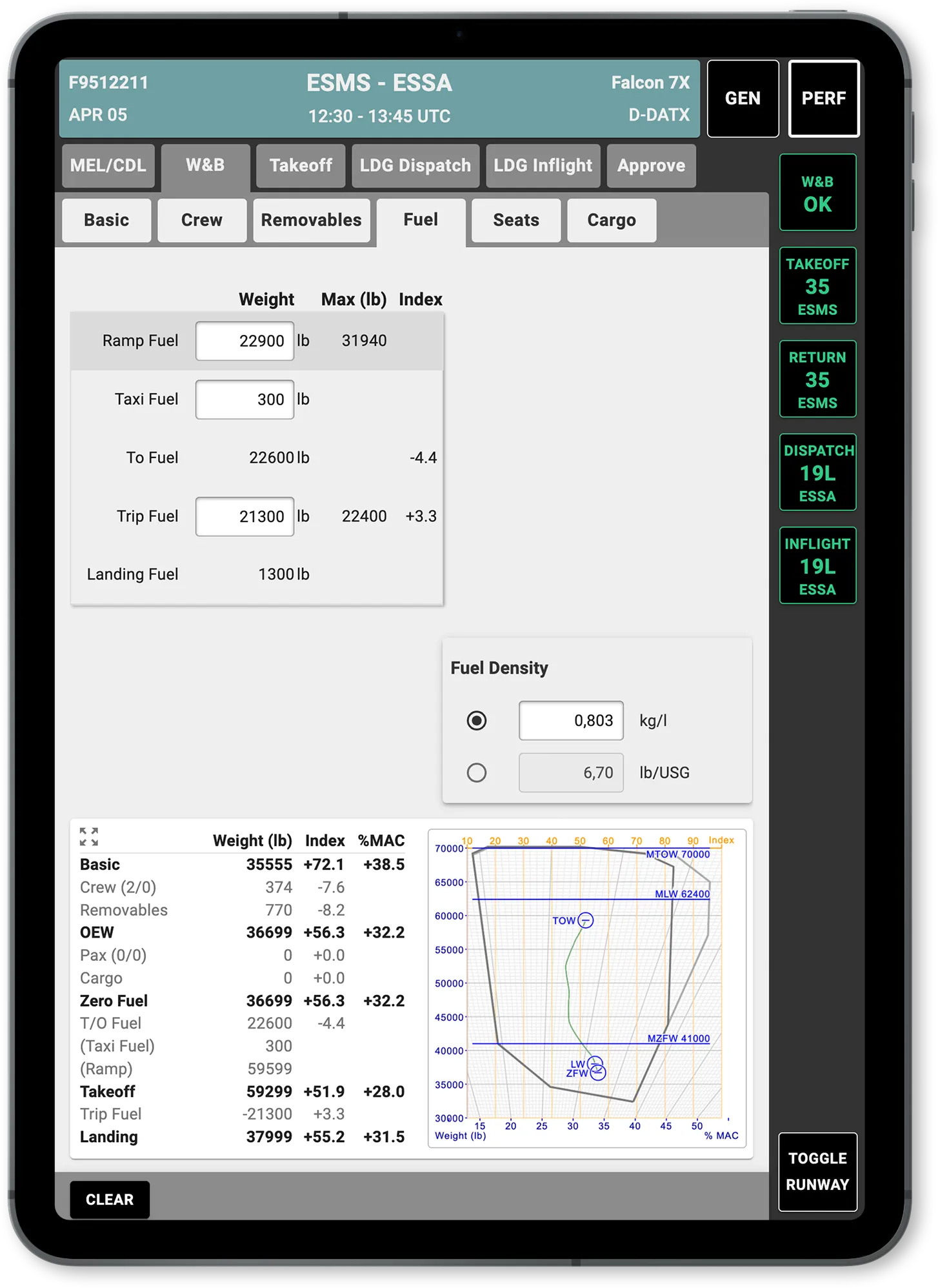 Guru2 running on a tablet, showing the mass & balance fuel section