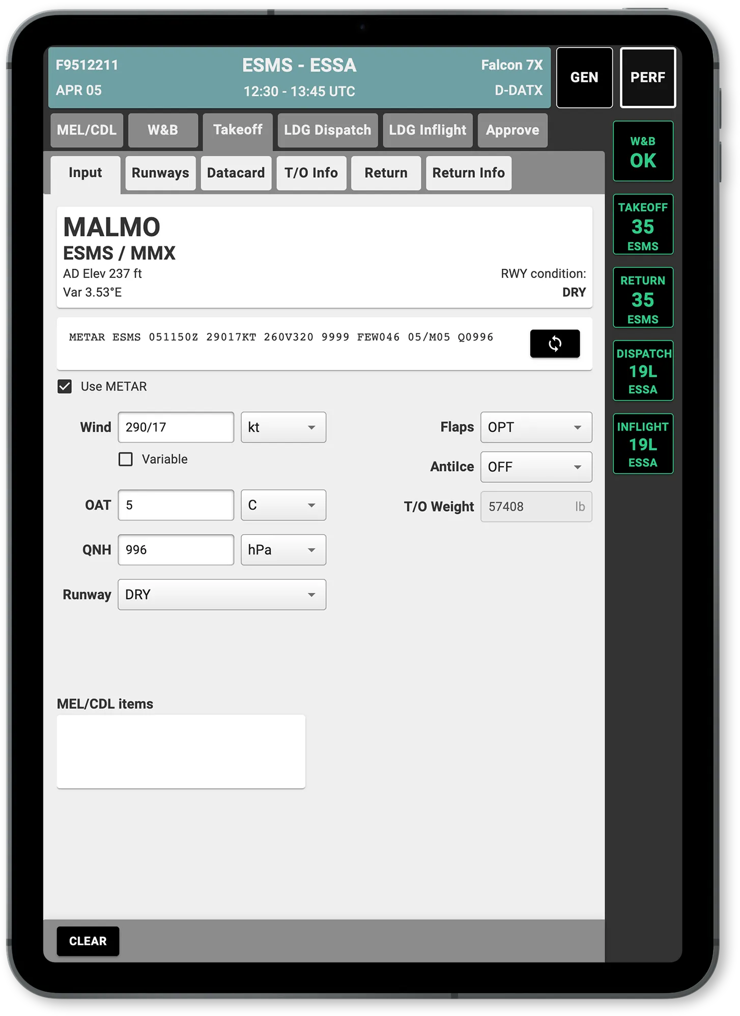 The Guru2 app on a tablet showing the takeoff input section