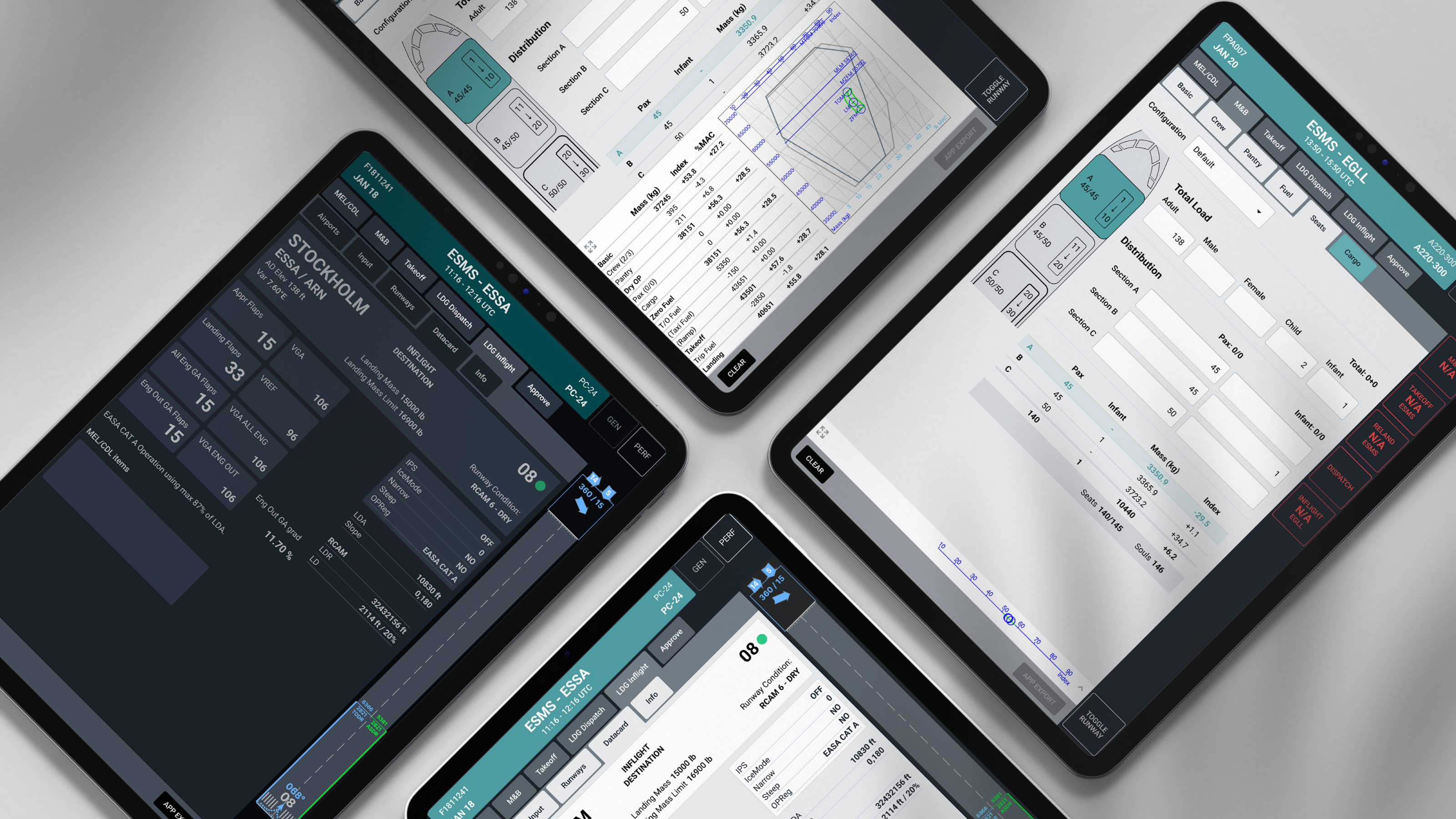Four tablets displaying the Guru2 aircraft performance application, arranged on a light background.